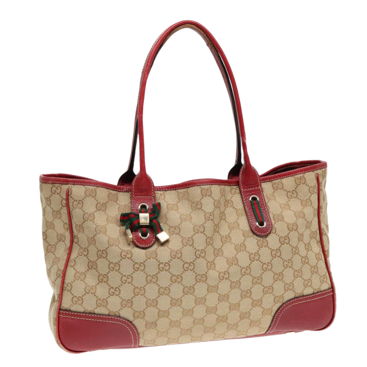 GUCCI GG Canvas Web Sherry Line Shoulder Bag Beige Gold Red 163805 Auth 93220