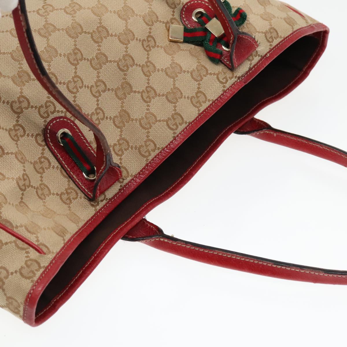 GUCCI GG Canvas Web Sherry Line Shoulder Bag Beige Gold Red 163805 Auth 93220