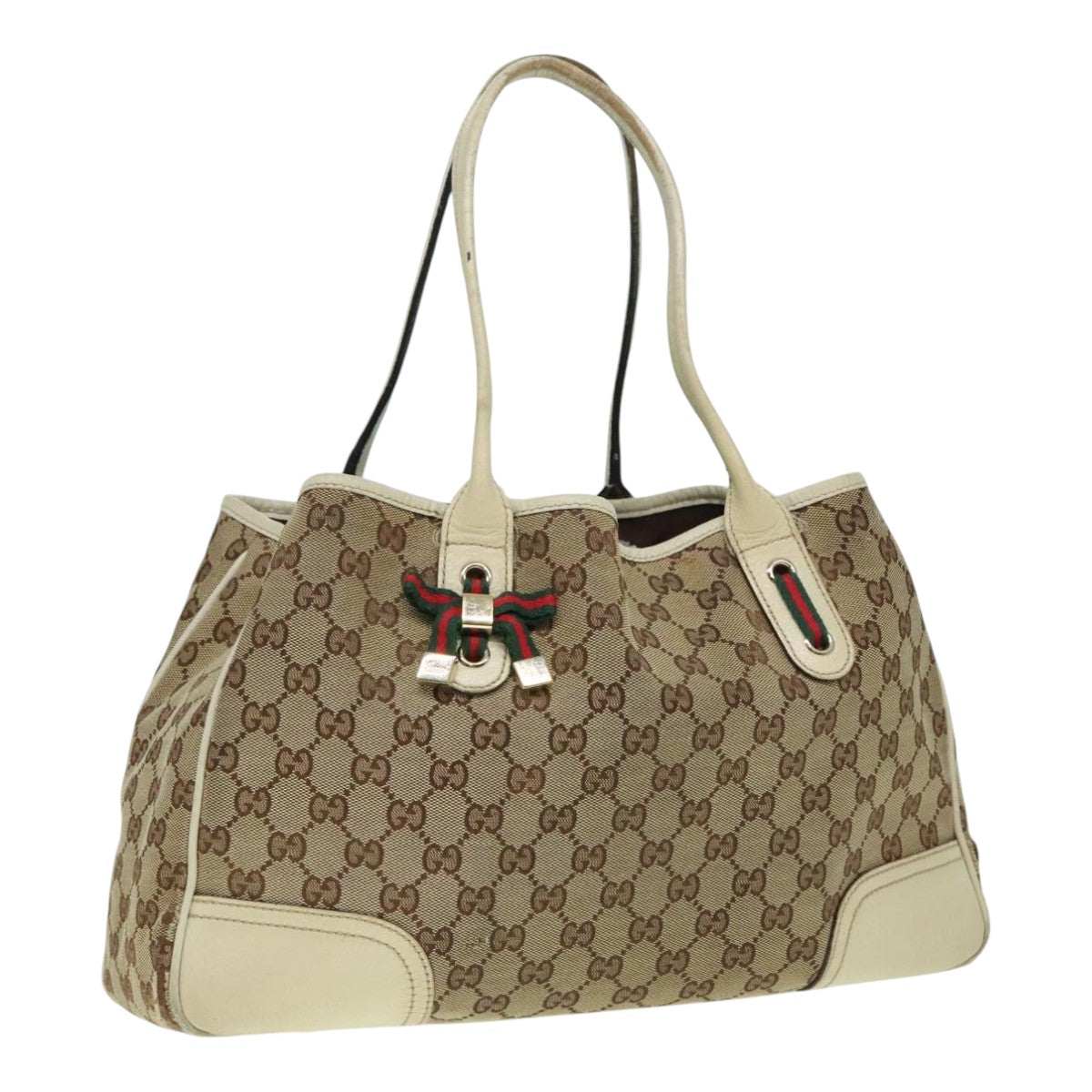 GUCCI GG Canvas Web Sherry Line Shoulder Bag Beige Gold Red 163805 Auth 93224