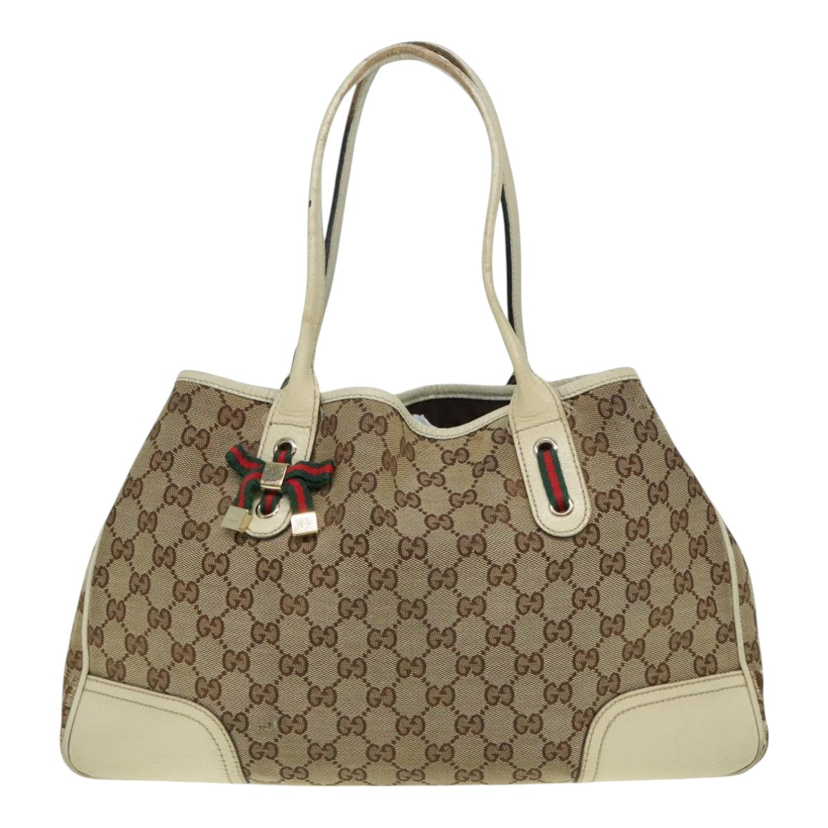 GUCCI GG Canvas Web Sherry Line Shoulder Bag Beige Gold Red 163805 Auth 93224