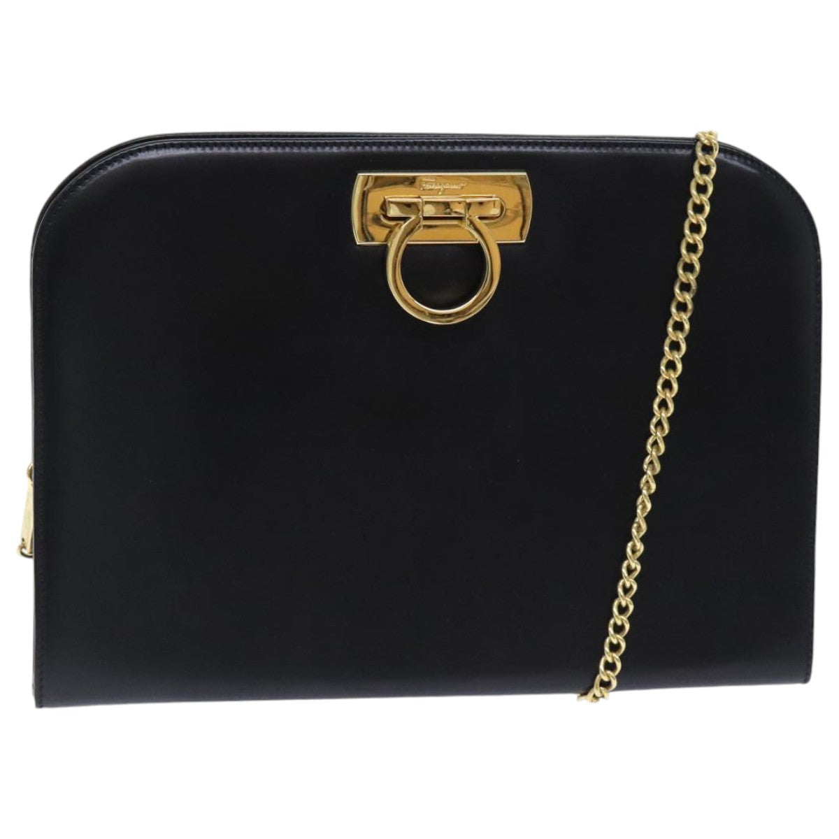 Salvatore Ferragamo Gancini Chain Shoulder Bag Leather Black Gold Auth 93235