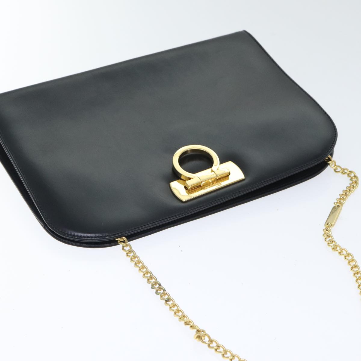 Salvatore Ferragamo Gancini Chain Shoulder Bag Leather Black Gold Auth 93235