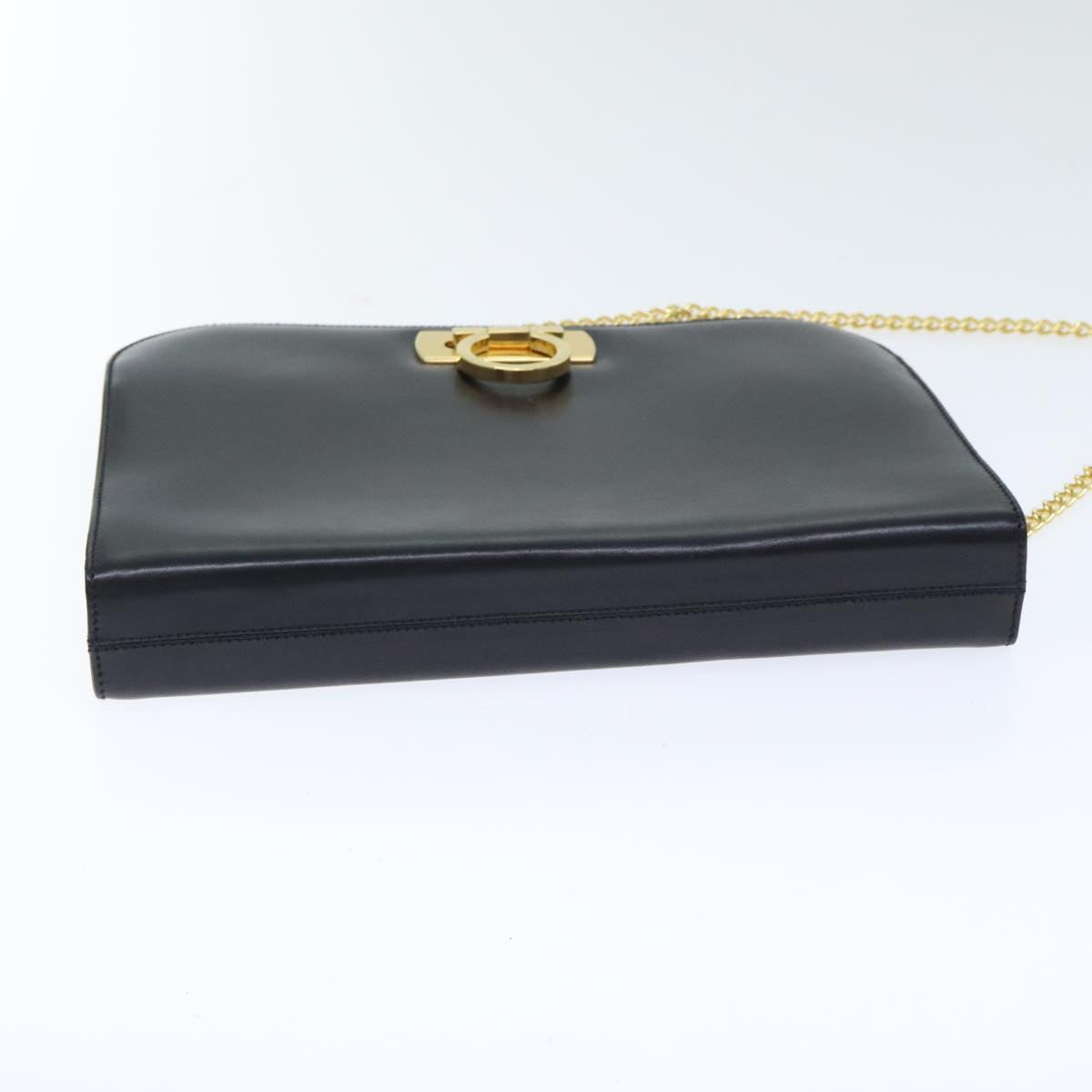 Salvatore Ferragamo Gancini Chain Shoulder Bag Leather Black Gold Auth 93235