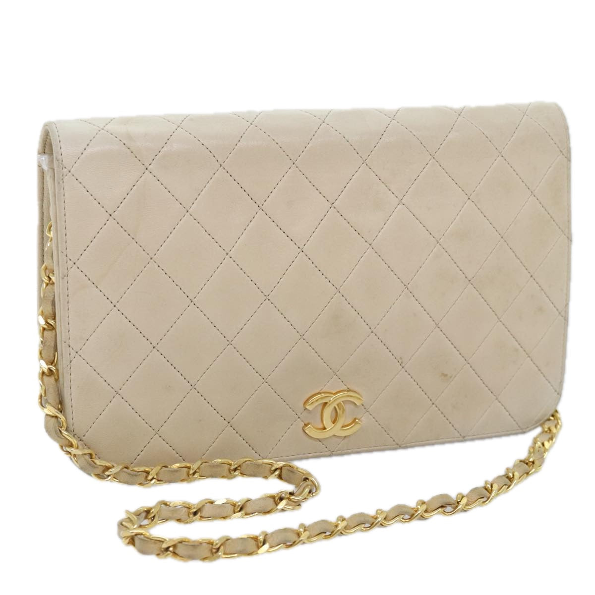 CHANEL Matelasse Chain Shoulder Bag Lamb Skin Beige Gold CC Auth 93236