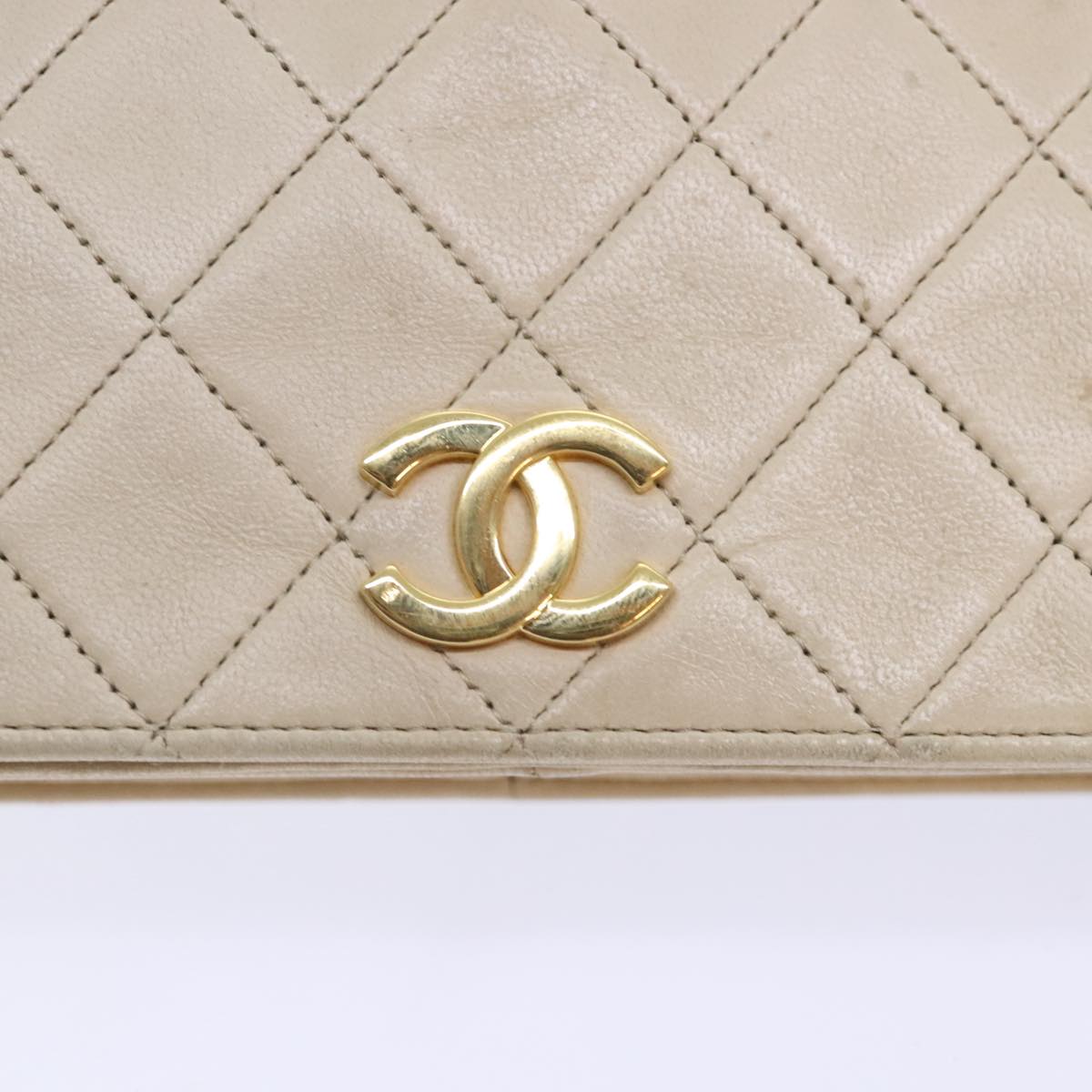 CHANEL Matelasse Chain Shoulder Bag Lamb Skin Beige Gold CC Auth 93236