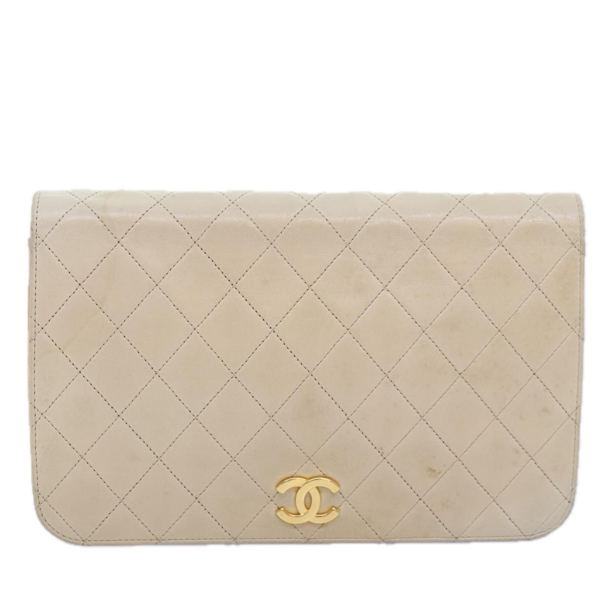 CHANEL Matelasse Chain Shoulder Bag Lamb Skin Beige Gold CC Auth 93236