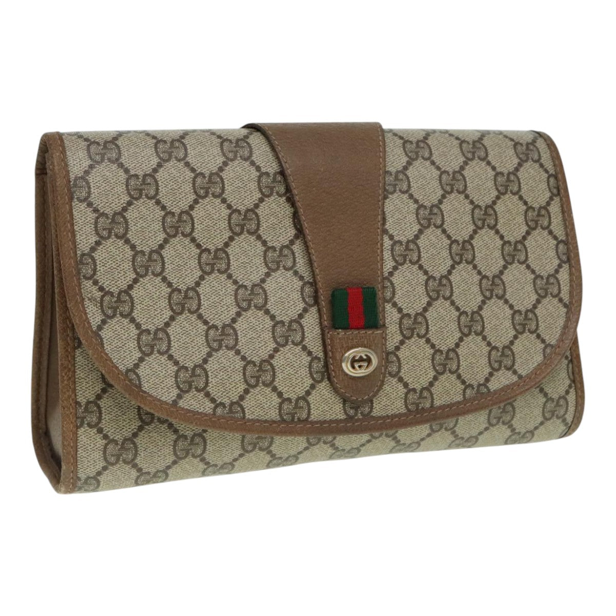 GUCCI GG Supreme Web Sherry Line Clutch Bag PVC Beige Red 89 01 030 Auth 93242