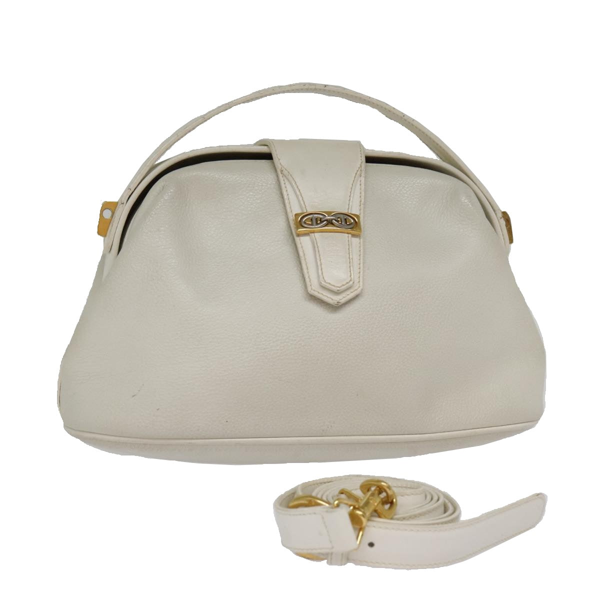 GUCCI Shoulder Bag Leather Gold White Auth 93246