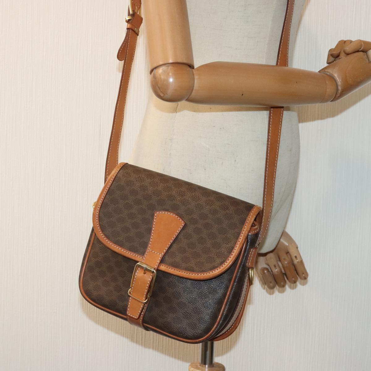 CELINE Macadam Canvas Shoulder Bag PVC Leather Brown Gold Auth 93252