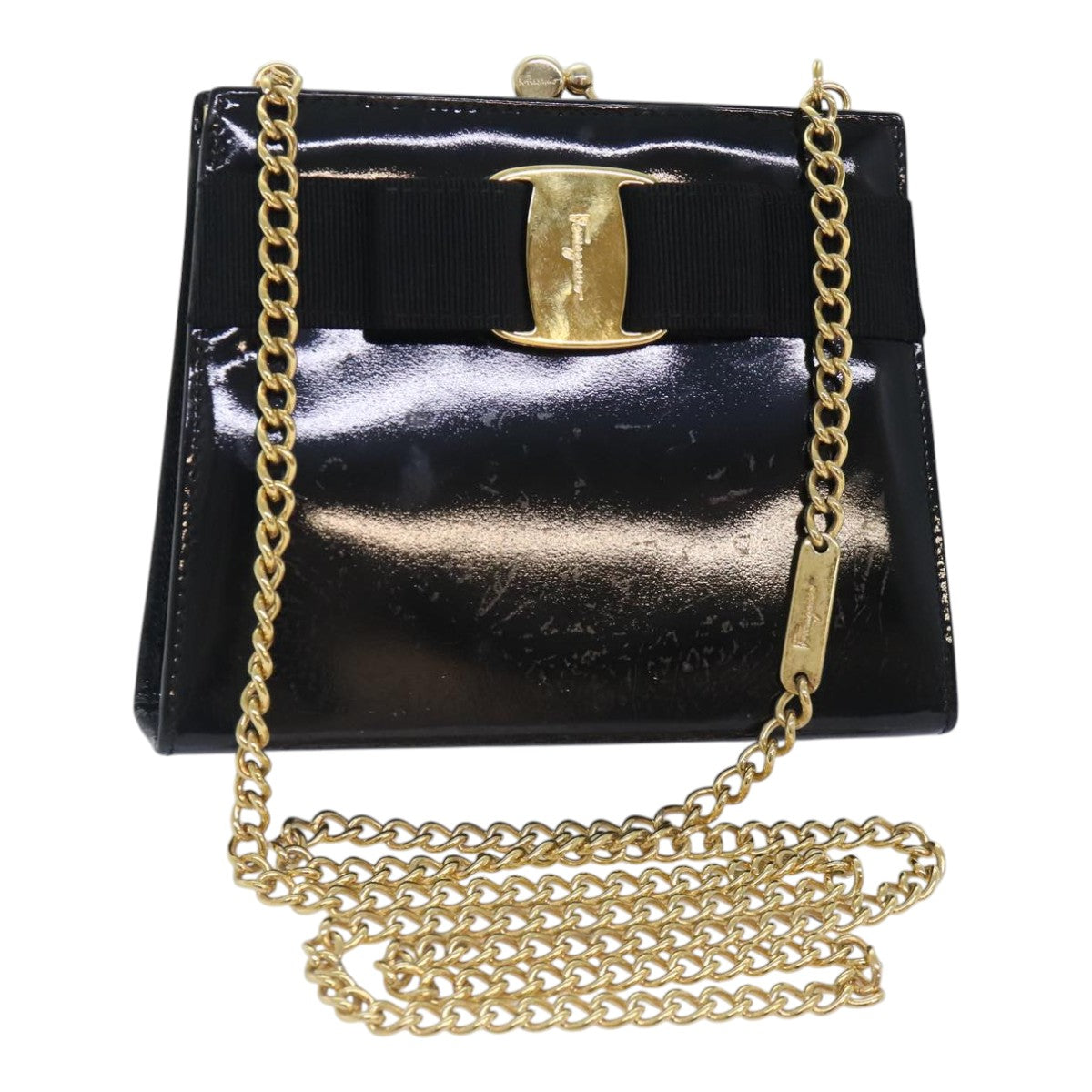 Salvatore Ferragamo Chain Shoulder Bag Enamel Black Gold Auth 93253