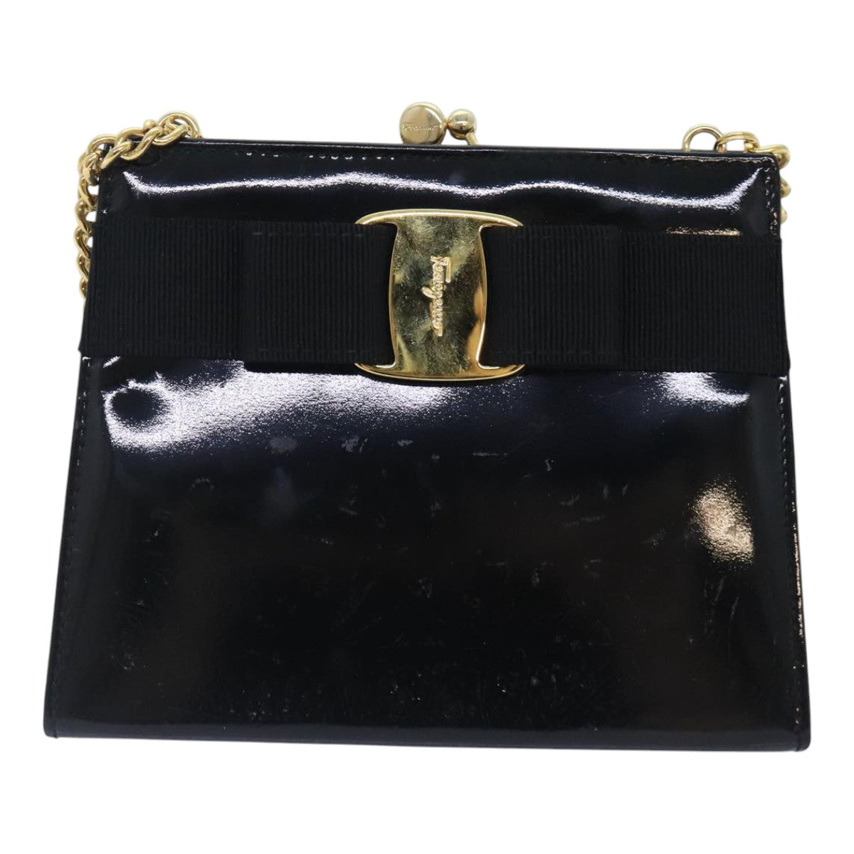 Salvatore Ferragamo Chain Shoulder Bag Enamel Black Gold Auth 93253 - 0