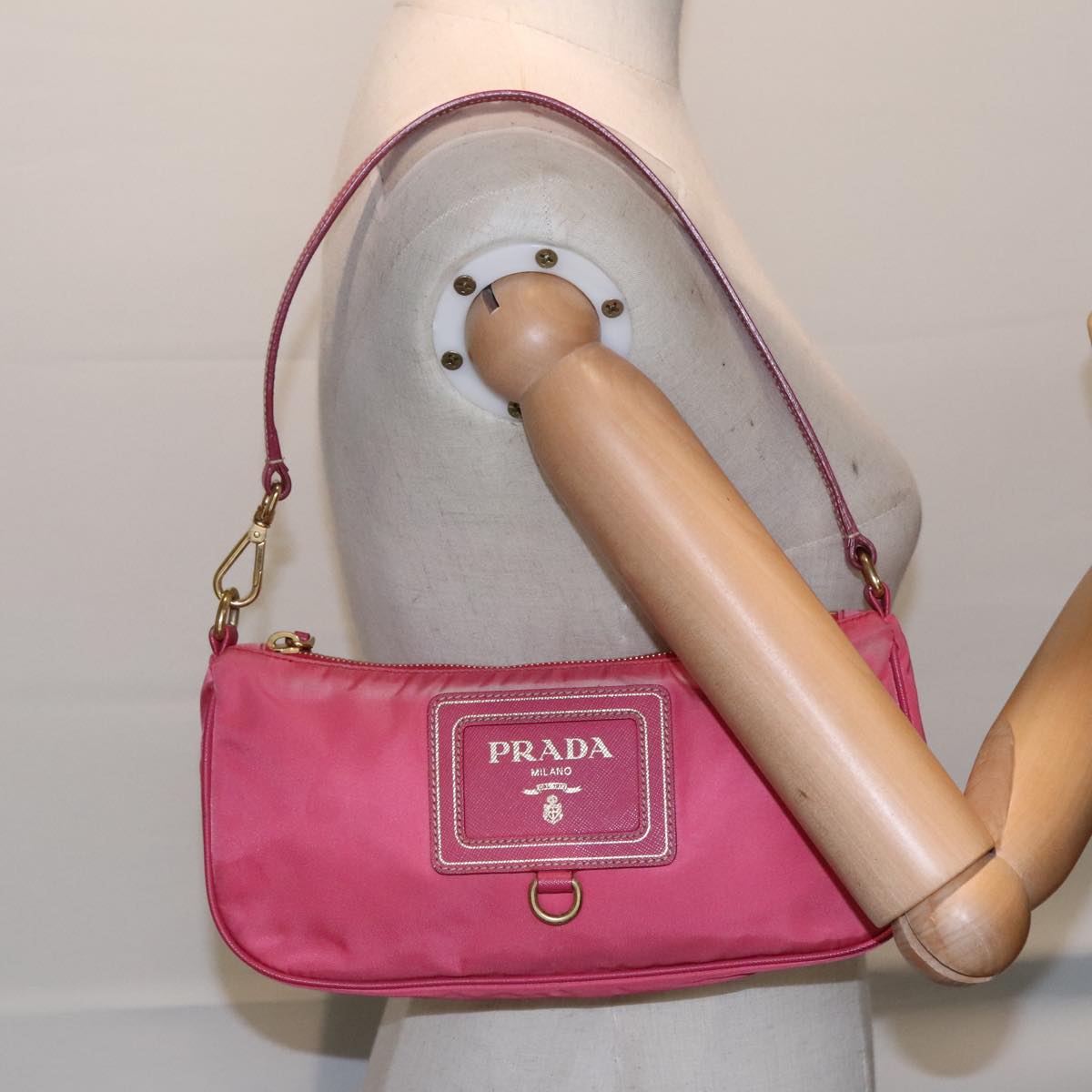 PRADA Accessory Pouch Nylon Pink Gold Auth 93255