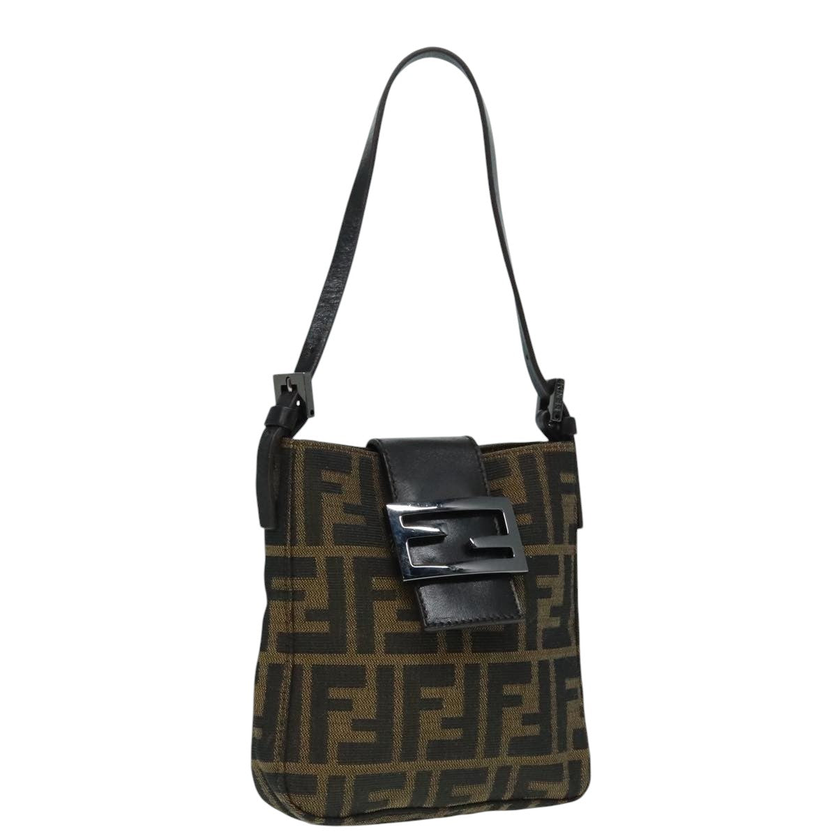 FENDI Zucca Canvas Mamma Baguette Shoulder Bag Black Silver Brown Auth 93258