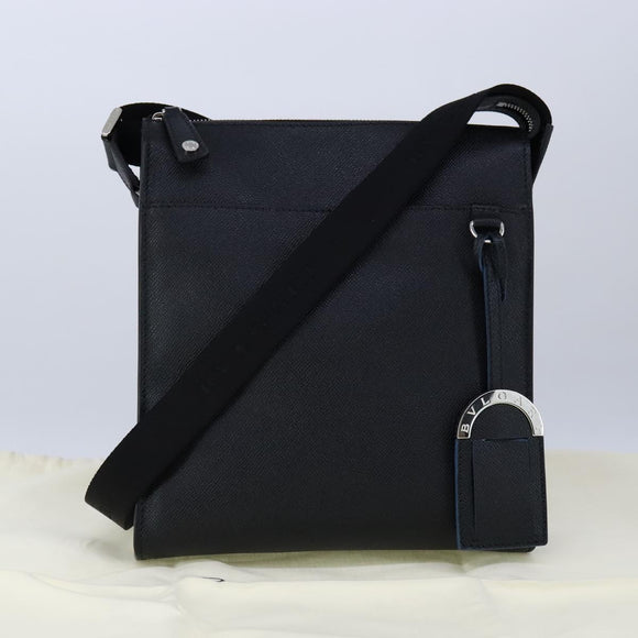 BVLGARI Shoulder Bag Leather Navy Silver Auth 93276