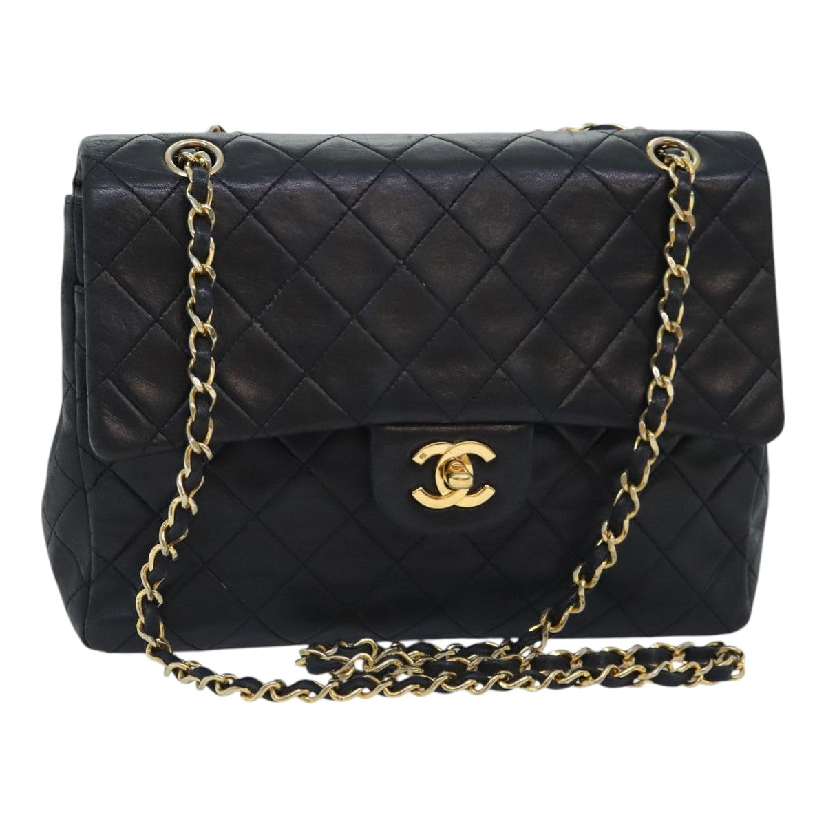 CHANEL Matelasse Turn Lock Chain Shoulder Bag Lamb Skin Black CC Auth 93306A