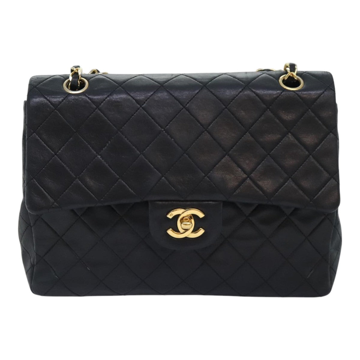 CHANEL Matelasse Turn Lock Chain Shoulder Bag Lamb Skin Black CC Auth 93306A