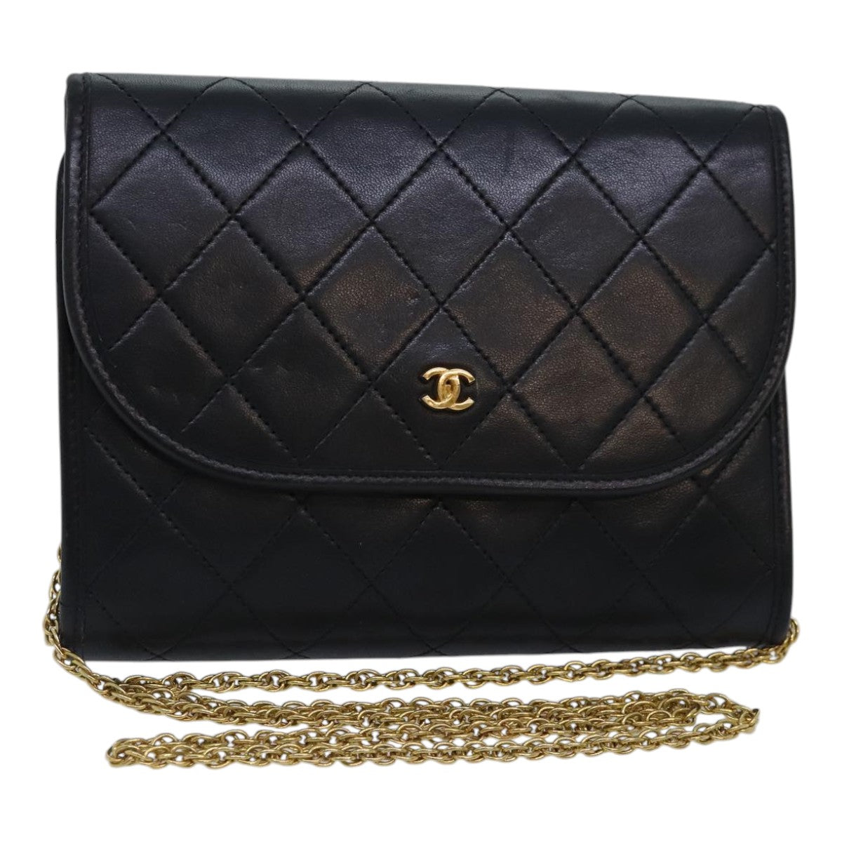 CHANEL Matelasse Chain Shoulder Bag Lamb Skin Black Gold CC Auth 93307A