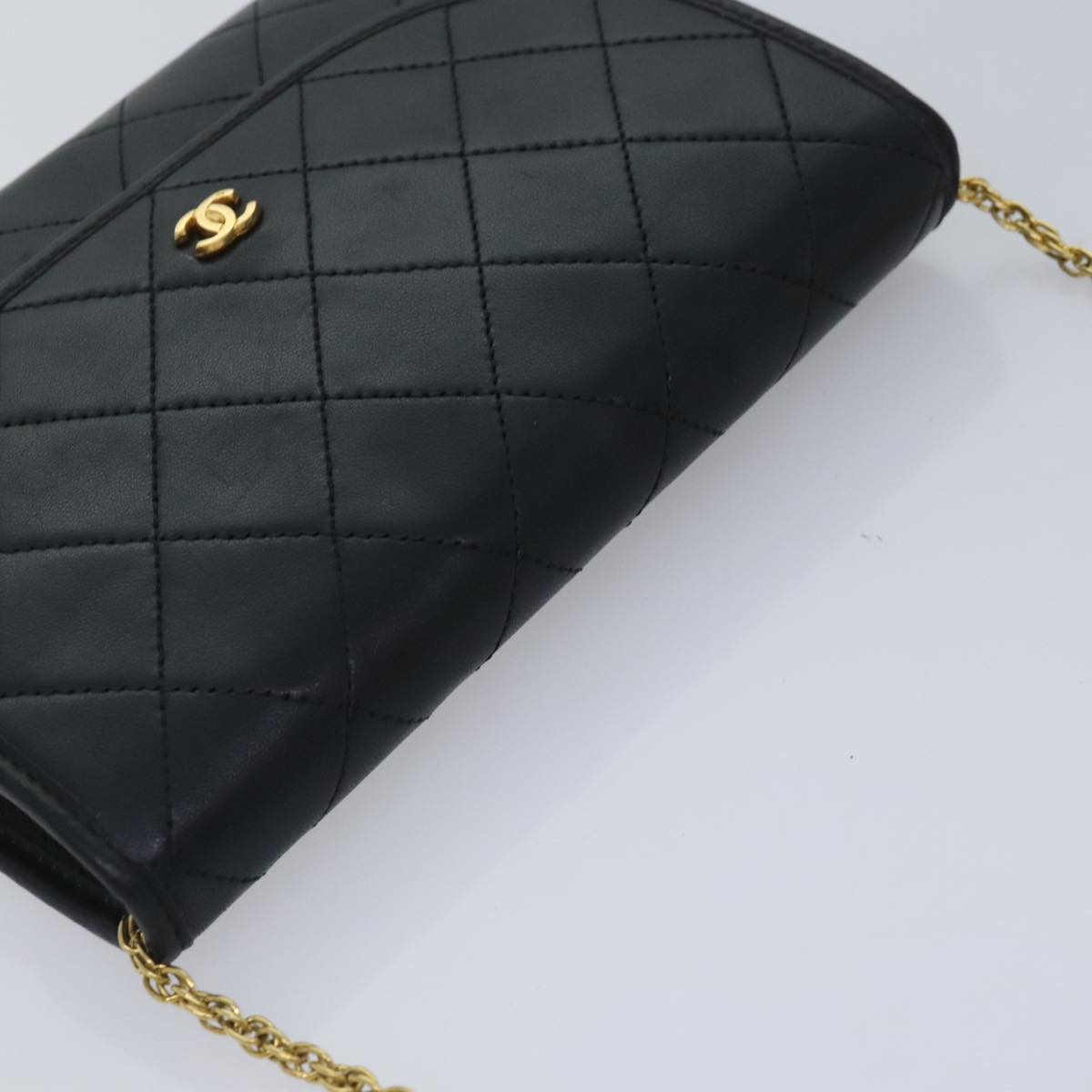 CHANEL Matelasse Chain Shoulder Bag Lamb Skin Black Gold CC Auth 93307A