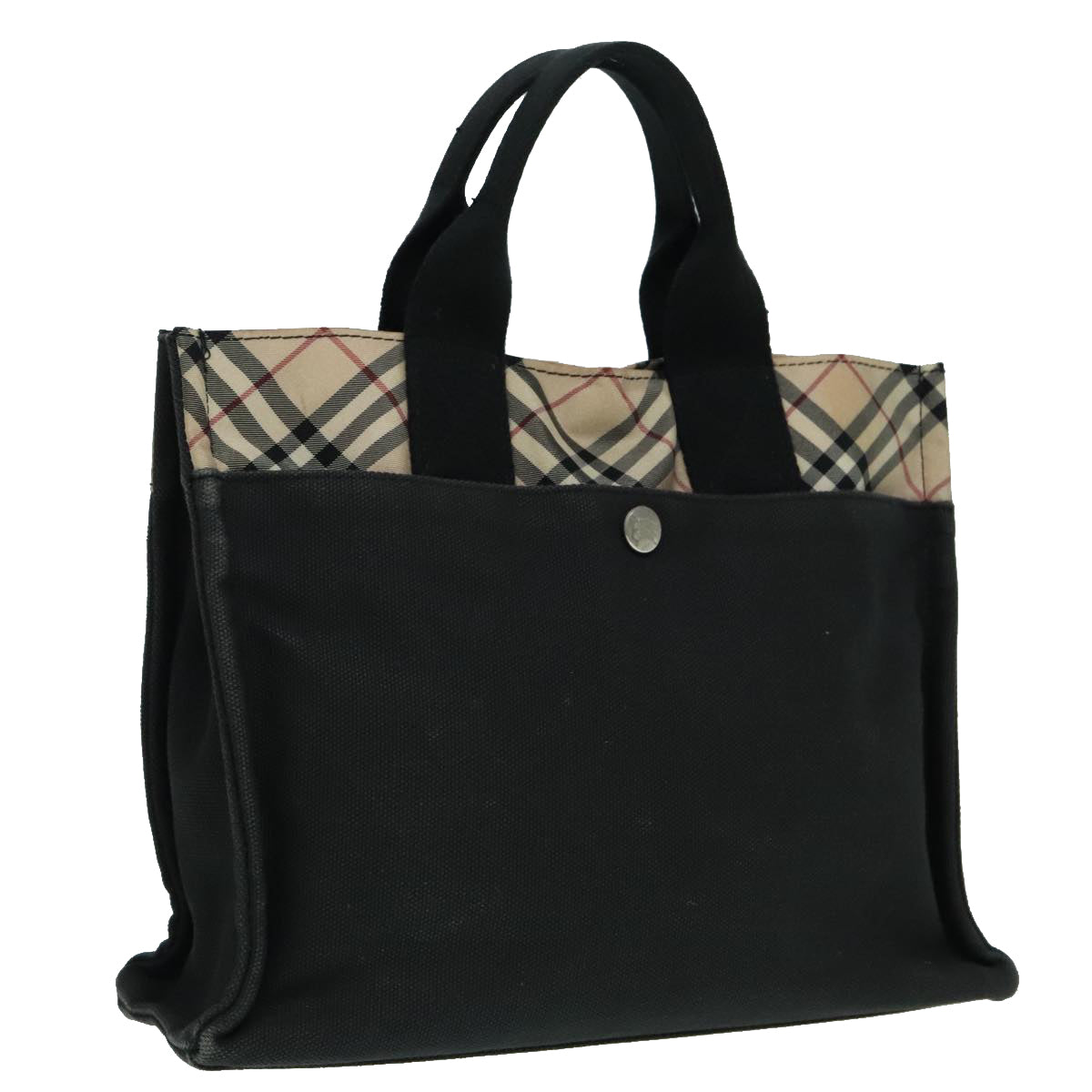 BURBERRY Nova Check Blue Label Tote Bag Canvas Nylon Black Silver Auth 93309