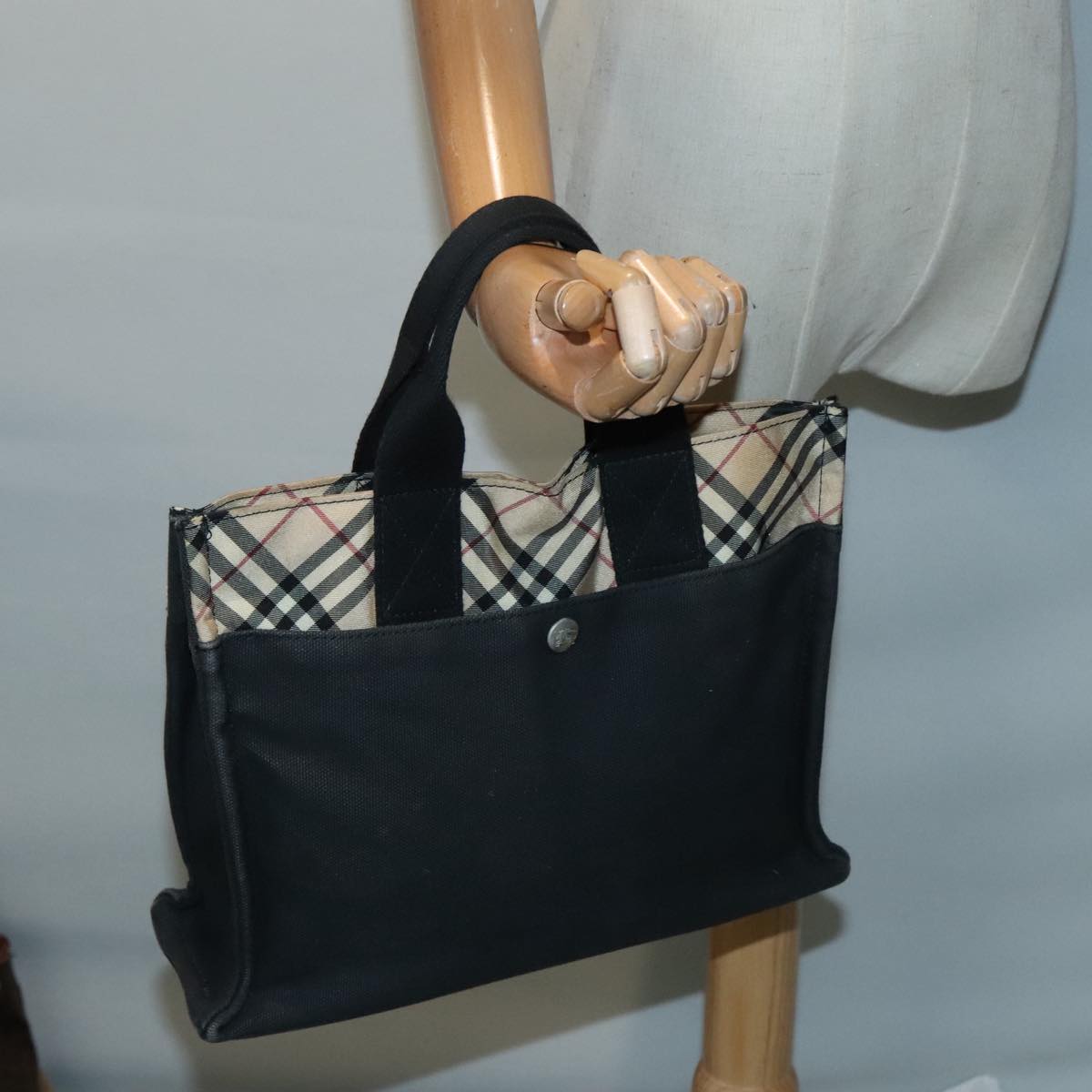 BURBERRY Nova Check Blue Label Tote Bag Canvas Nylon Black Silver Auth 93309