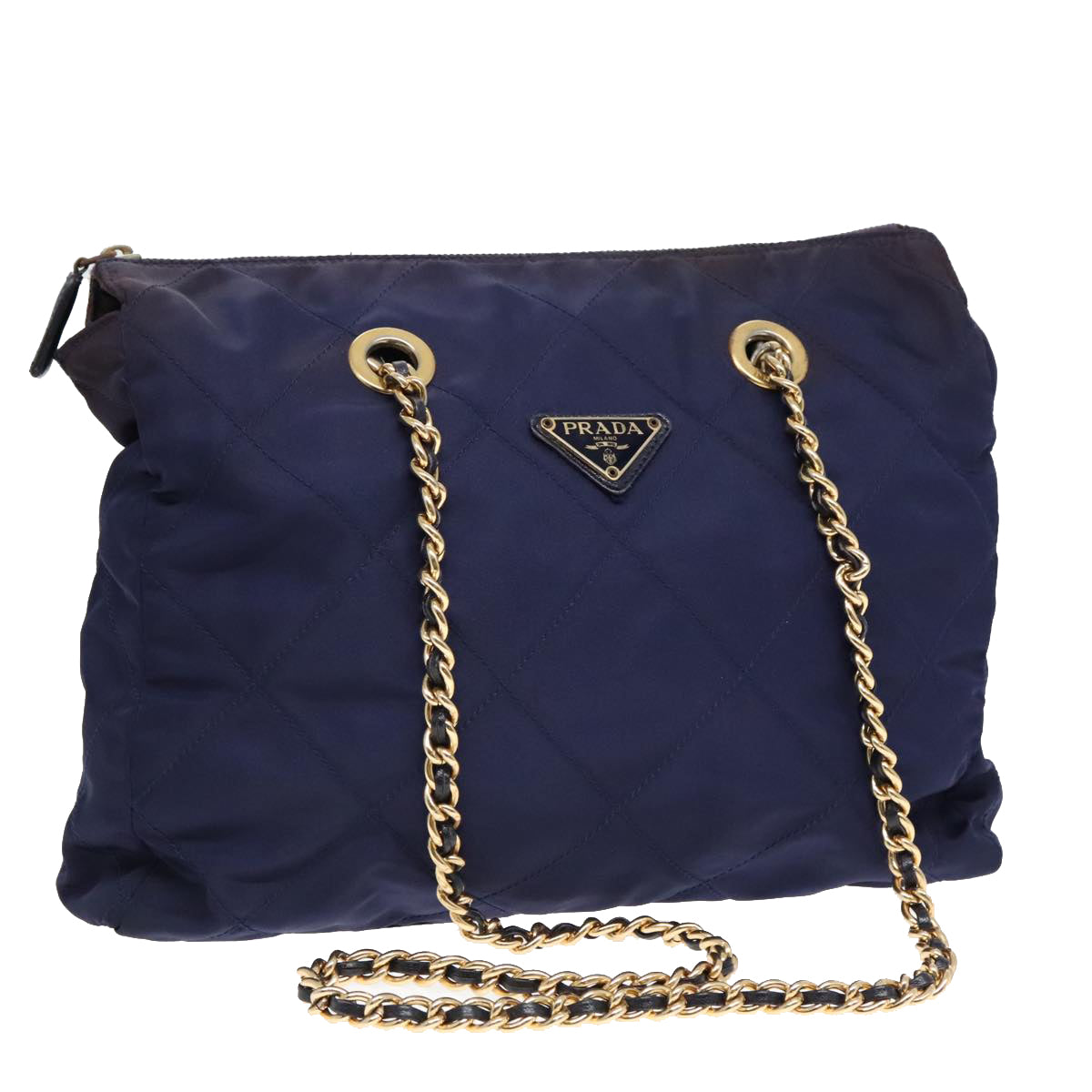 PRADA Chain Shoulder Bag Nylon Navy Gold Auth 93312