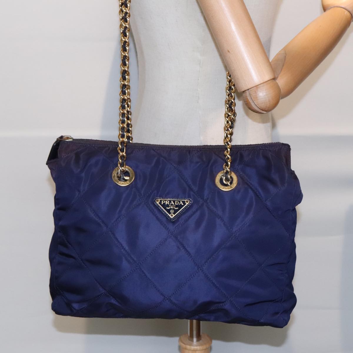 PRADA Chain Shoulder Bag Nylon Navy Gold Auth 93312