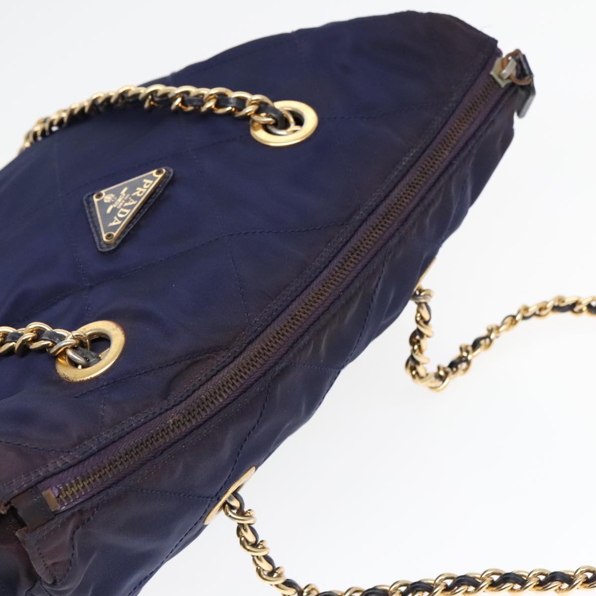 PRADA Chain Shoulder Bag Nylon Navy Gold Auth 93312