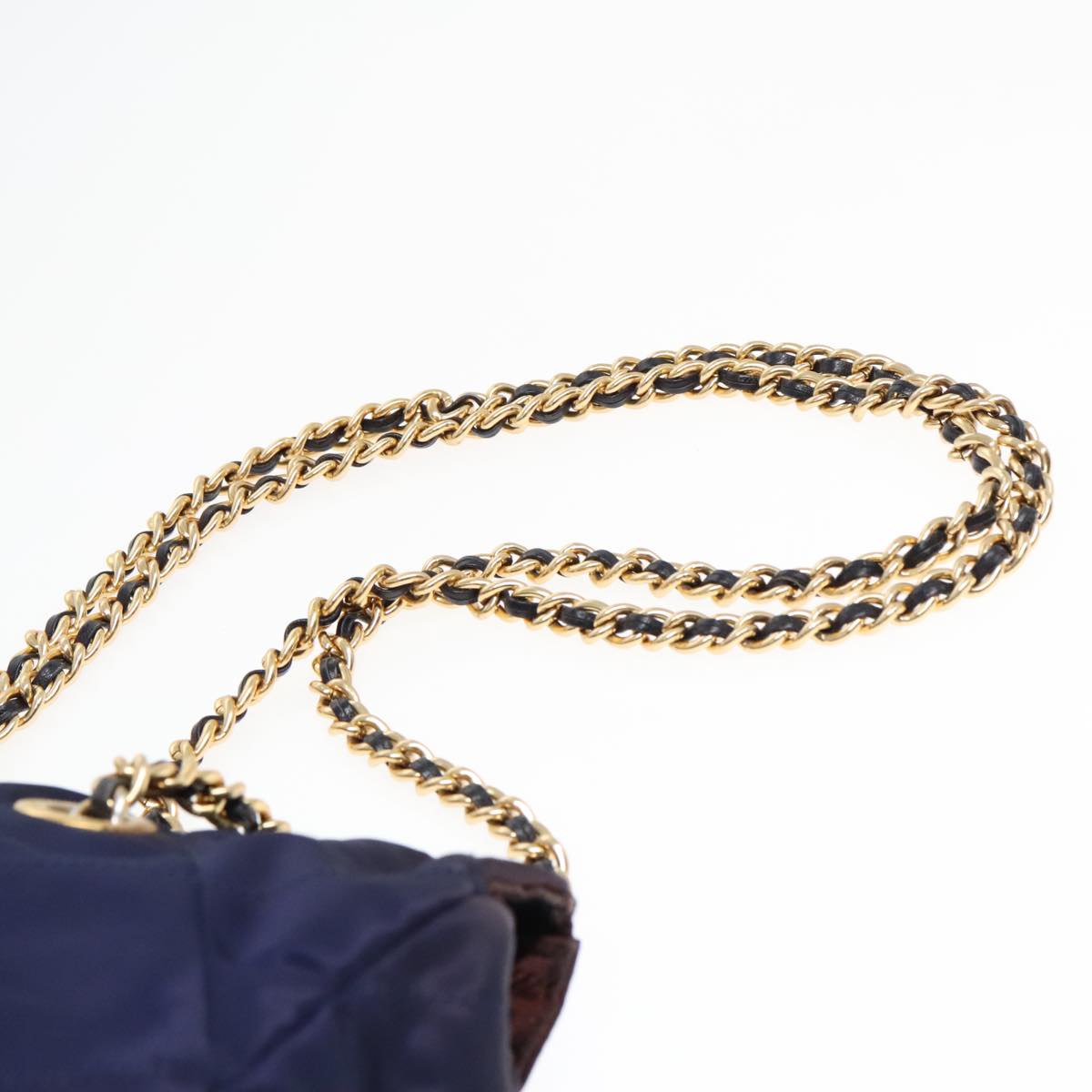 PRADA Chain Shoulder Bag Nylon Navy Gold Auth 93312