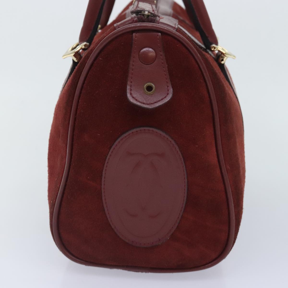 CARTIER Boston Bag Suede Red Gold Auth 93327