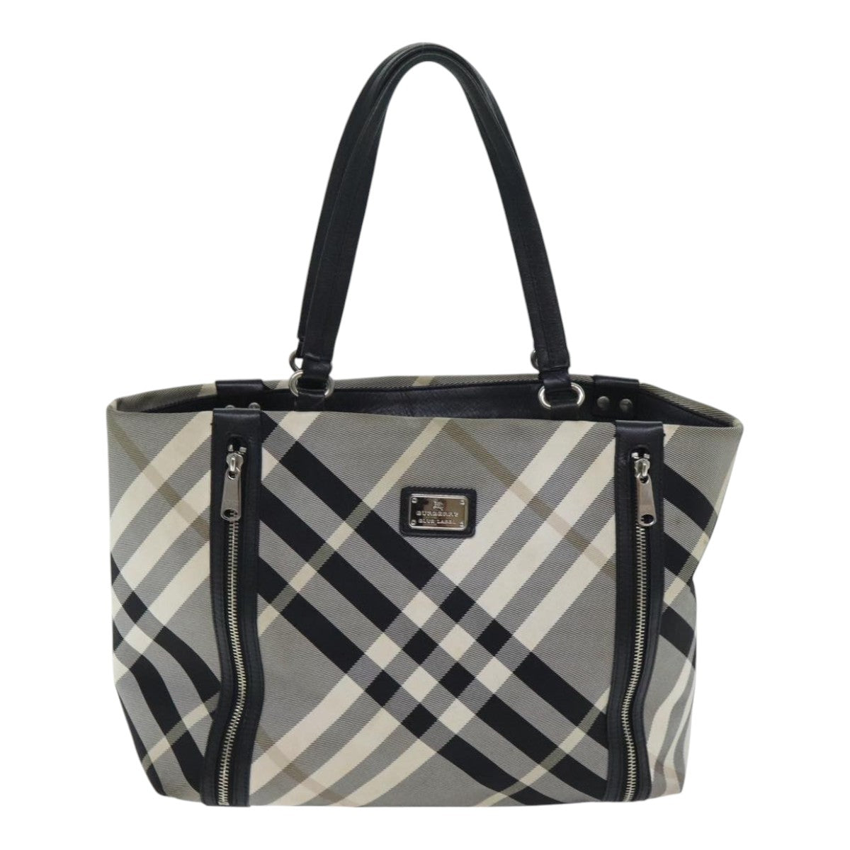 BURBERRY Nova Check Blue Label Tote Bag Nylon Leather Black Silver Auth 93329