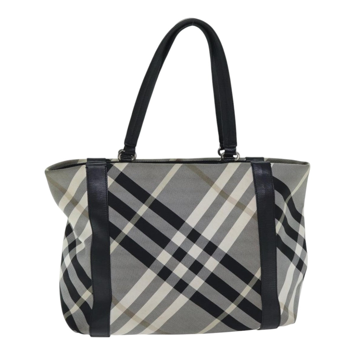 BURBERRY Nova Check Blue Label Tote Bag Nylon Leather Black Silver Auth 93329 - 0