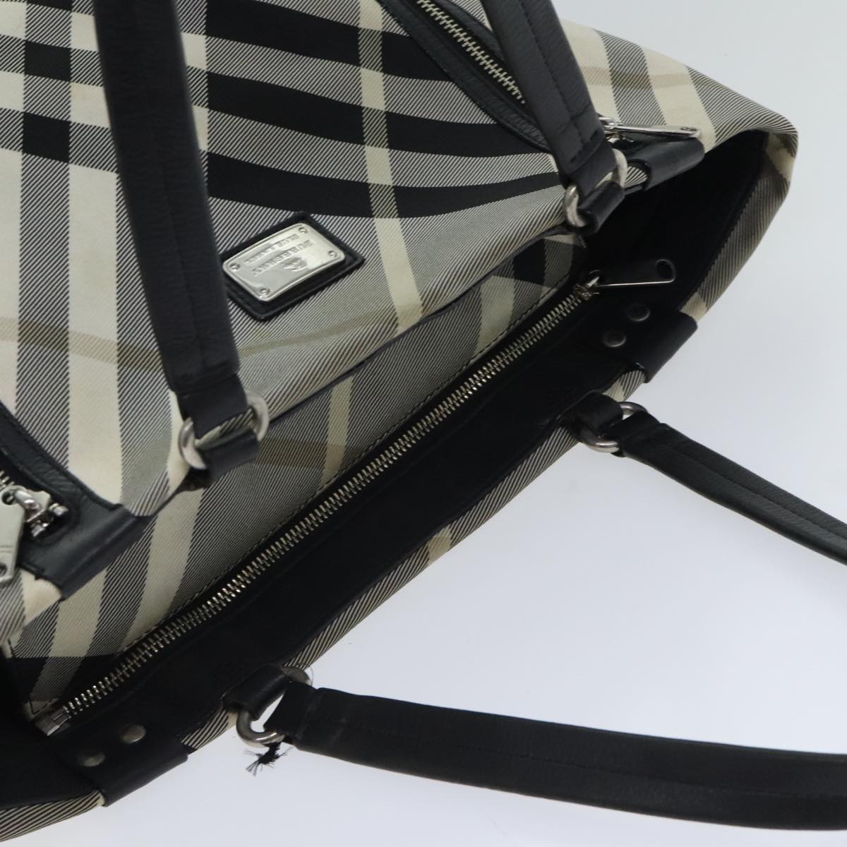 BURBERRY Nova Check Blue Label Tote Bag Nylon Leather Black Silver Auth 93329