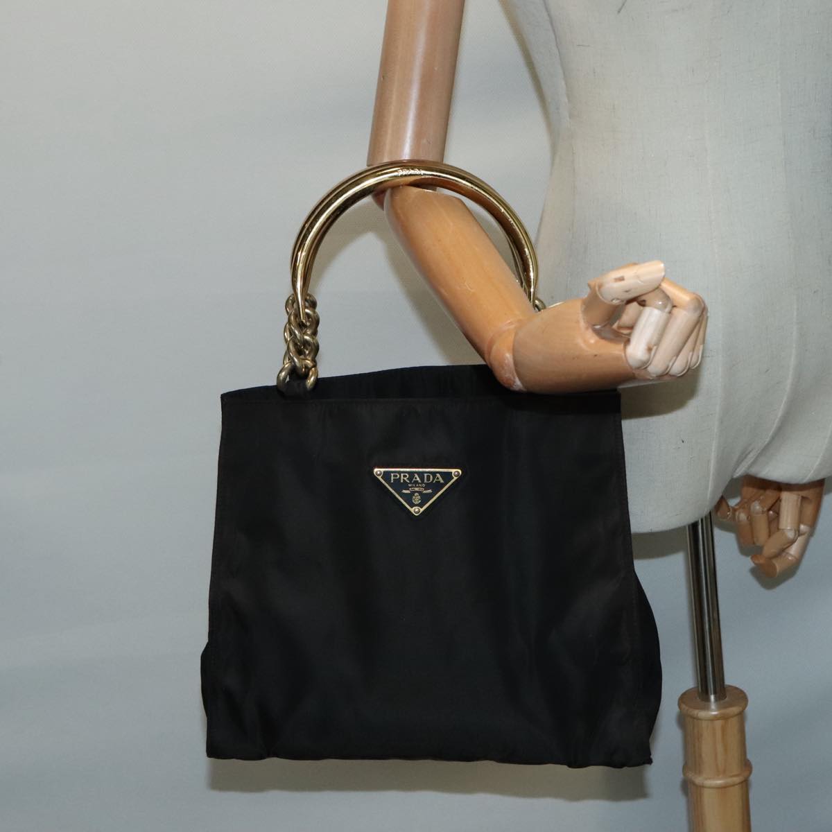 PRADA Hand Bag Nylon Black Gold Auth 93333