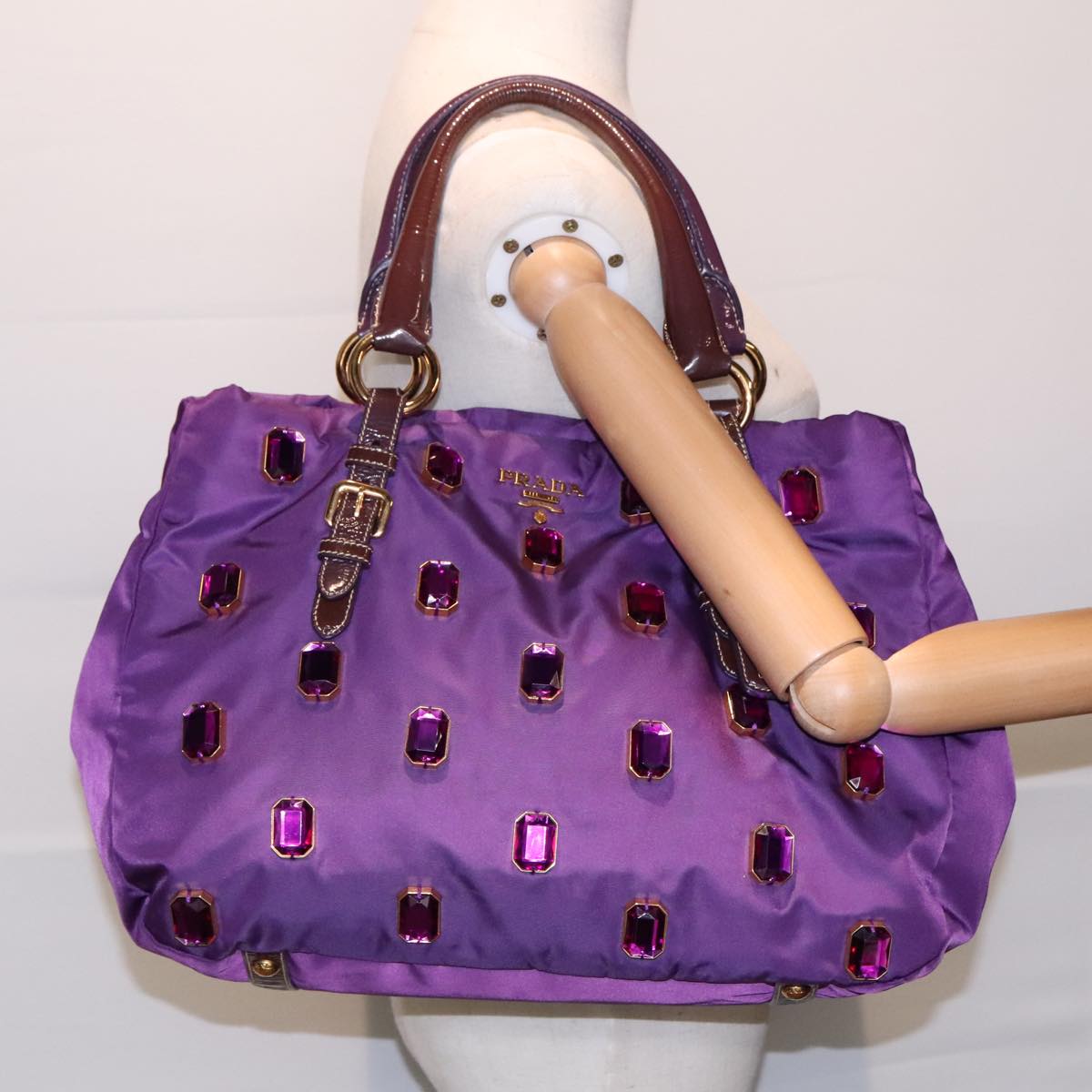 PRADA Bijoux Tote Bag Nylon Enamel Purple Gold Auth 93338