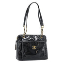 CHANEL Chain Turn Lock Tote Bag Patent leather Gold Black CC Auth 93339-1