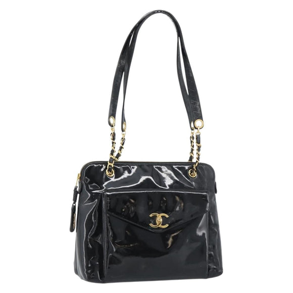 CHANEL Chain Turn Lock Tote Bag Patent leather Gold Black CC Auth 93339