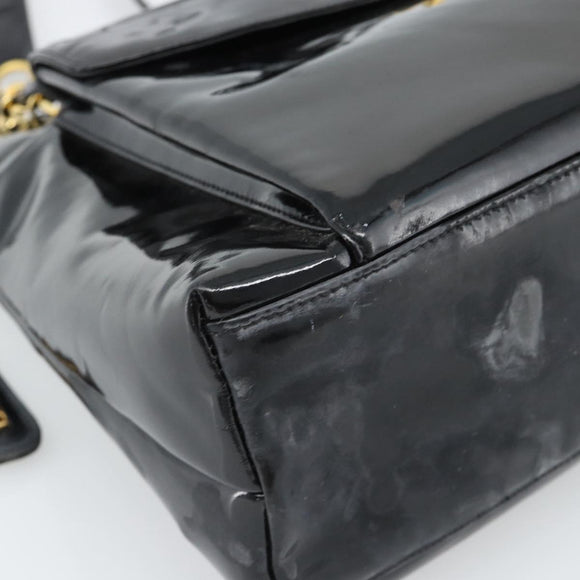 CHANEL Chain Turn Lock Tote Bag Patent leather Gold Black CC Auth 93339
