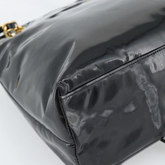 CHANEL Chain Turn Lock Tote Bag Patent leather Gold Black CC Auth 93339