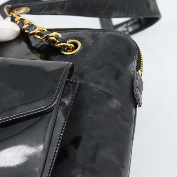 CHANEL Chain Turn Lock Tote Bag Patent leather Gold Black CC Auth 93339