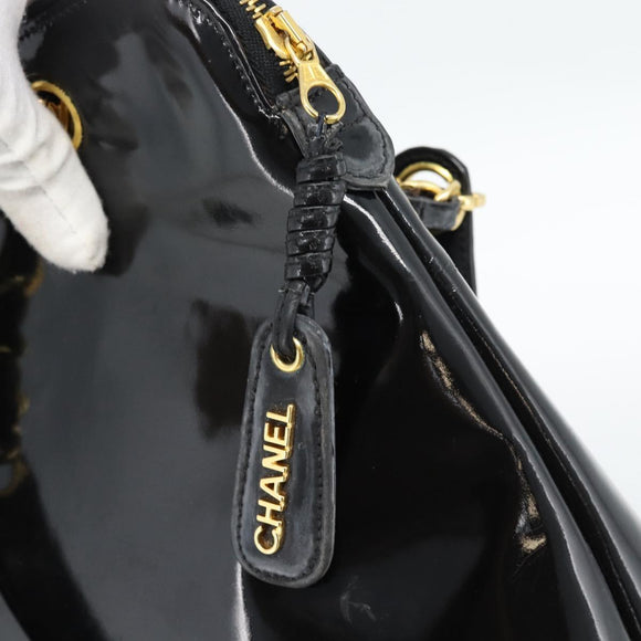 CHANEL Chain Turn Lock Tote Bag Patent leather Gold Black CC Auth 93339