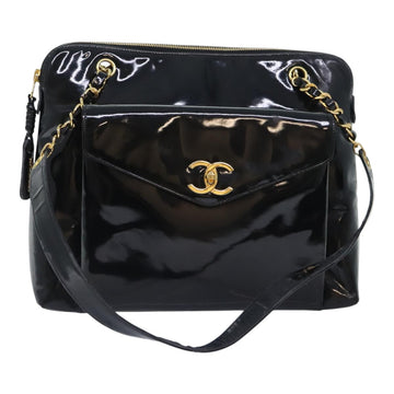 CHANEL Chain Turn Lock Tote Bag Patent leather Gold Black CC Auth 93339