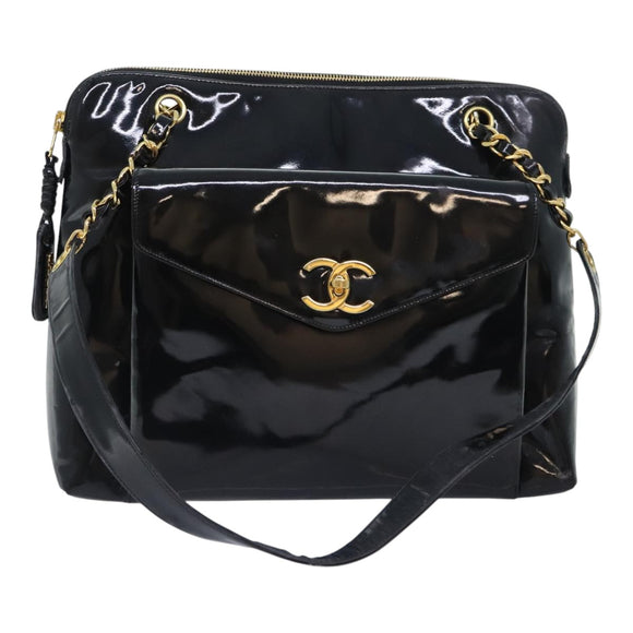 CHANEL Chain Turn Lock Tote Bag Patent leather Gold Black CC Auth 93339
