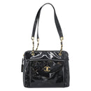CHANEL Chain Turn Lock Tote Bag Patent leather Gold Black CC Auth 93339-13
