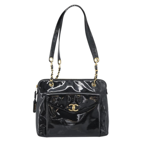 CHANEL Chain Turn Lock Tote Bag Patent leather Gold Black CC Auth 93339