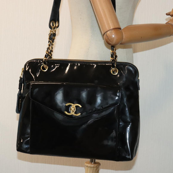 CHANEL Chain Turn Lock Tote Bag Patent leather Gold Black CC Auth 93339