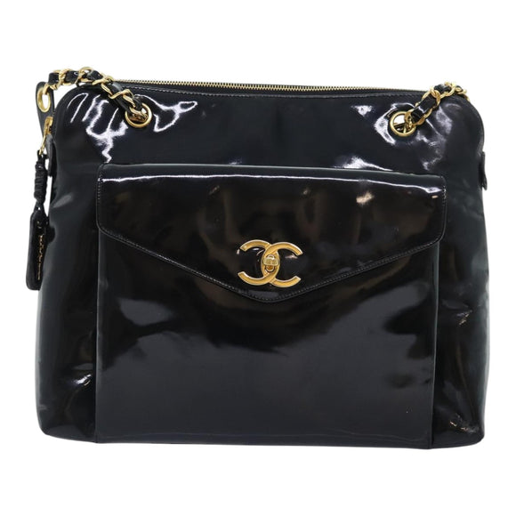 CHANEL Chain Turn Lock Tote Bag Patent leather Gold Black CC Auth 93339
