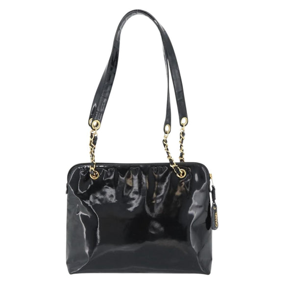 CHANEL Chain Turn Lock Tote Bag Patent leather Gold Black CC Auth 93339