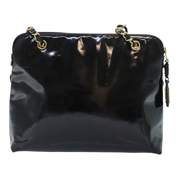 CHANEL Chain Turn Lock Tote Bag Patent leather Gold Black CC Auth 93339