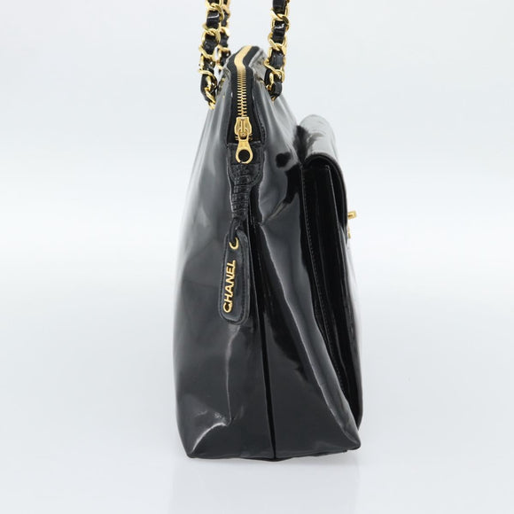 CHANEL Chain Turn Lock Tote Bag Patent leather Gold Black CC Auth 93339