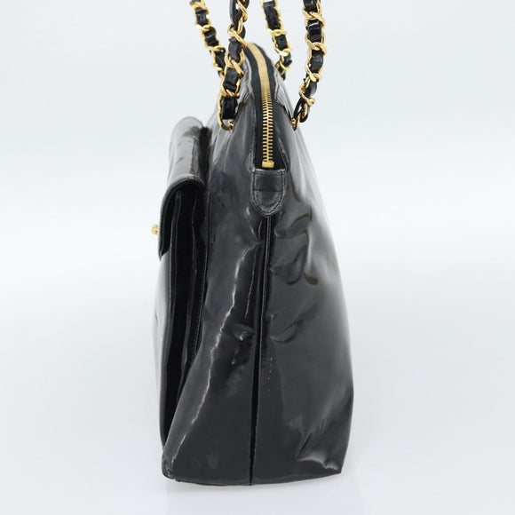 CHANEL Chain Turn Lock Tote Bag Patent leather Gold Black CC Auth 93339